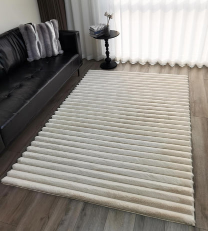 Area Rugs Striped Soft Faux Rabbit Fur Rug 5X7 Becky Beige Plush Carpet Shag Cozy Fluffy Rug Non Slip Rugs, Machine Washable Shaggy Area Rug Bedroom Living Room and Dining Room.