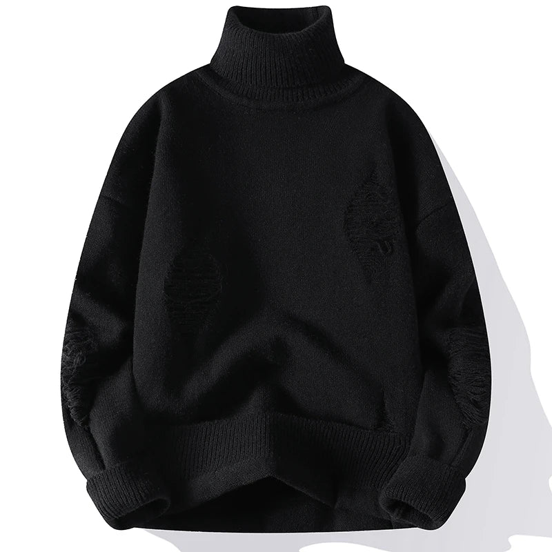 Autumn Winter Men'S Hole Turtleneck Pullovers Solid Color Casual Knitted Sweater Men Fashion Loose Streetwear Knit Pullovers Man