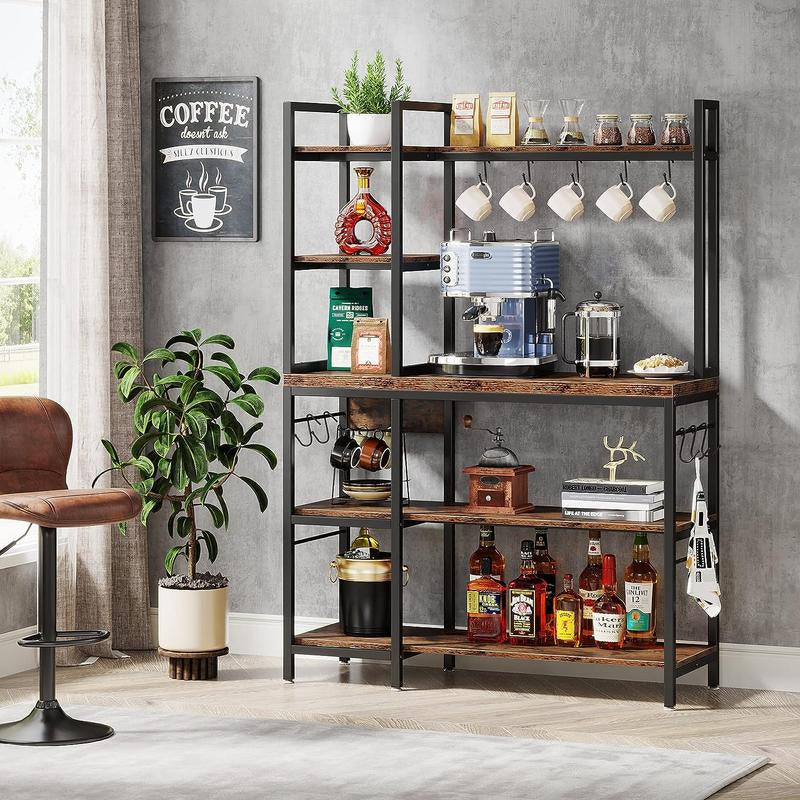 Tribesigns 63 Inch Tall Kitchen Racks, 5-Tier Bakers Rack with Storage and 10 Hooks for Kitchen Metal Organiser, Industrial Wood Shelf Room Wooden