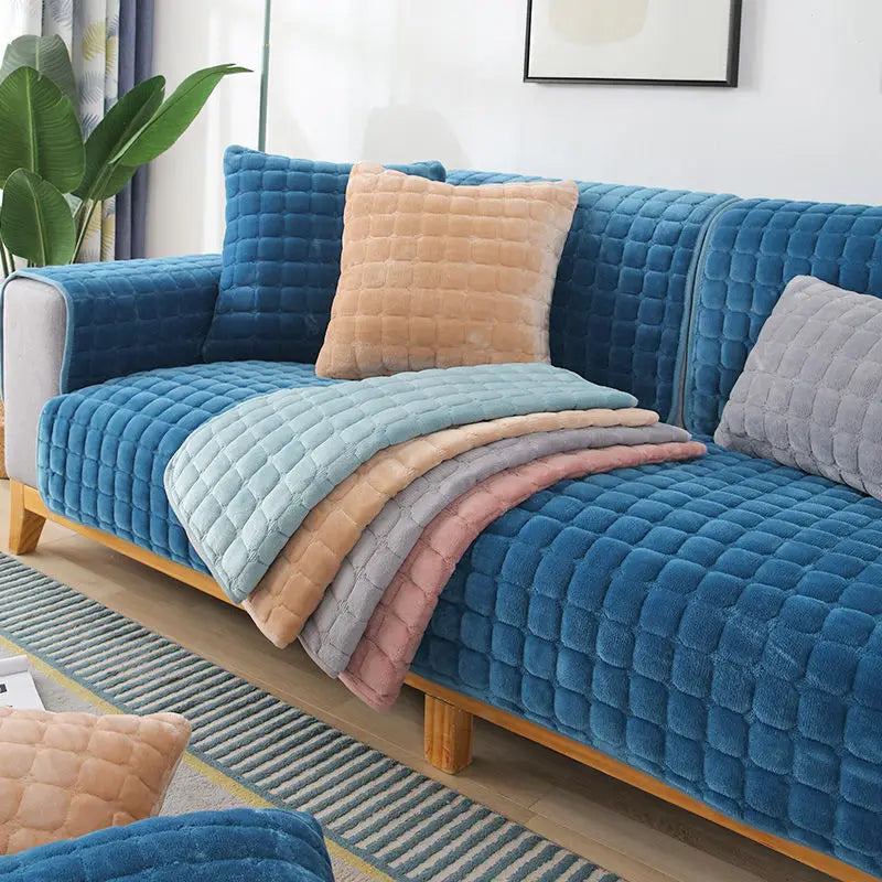 Sofa Cushion Plush Non-Slip Thickened Sofa Cover Cushion Flannel Sofa Cover Universal Solid Color Dust-Proof Sofa Seat Cover