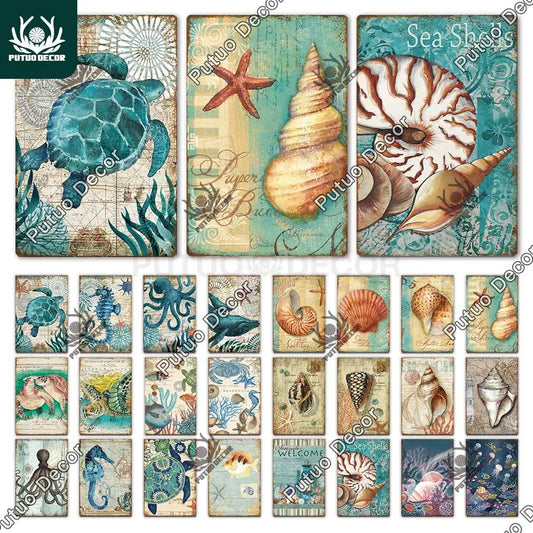 Marine Animals Tin Sign Vintage Plaque Metal Wall Retro Posters for Beach Bar House Decorative Art Iron Painting