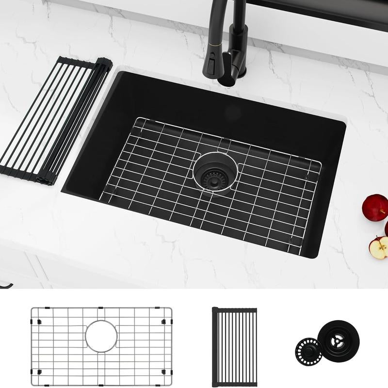 LQS 28''X 18''Single Bowl Undermount Kitchen Sink with Accessories,Black Limestone Sink,Deep Sink for Workstation,Rv,Prep Kitchen and Bar Sink