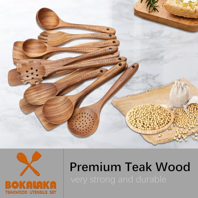 Wooden Cooking Utensils Set, 12Pcs/Set Wooden Kitchen Utensil Set, Natural Teak Wood Cooking Spoons Utensils, Kitchen Gadgets, Kitchen Supplies Set, Housewarming Gift Ideas, Kitchen Accessories, Kitchen Tool