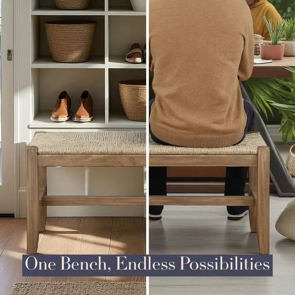 Newport Brown Wood Bench with Rush Seat 18 In. H X 40 In. W X 15 In. D
