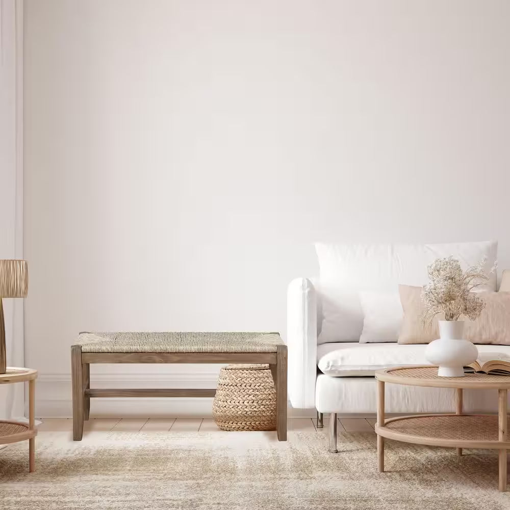 Newport Brown Wood Bench with Rush Seat 18 In. H X 40 In. W X 15 In. D