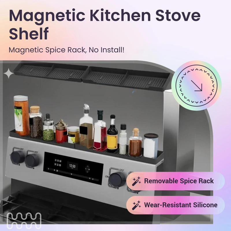 Kitchen Stove Magnetic Shelf, 1 Count Black Magnetic Stove Top Spice Rack, Stove Top Storage Rack, Kitchen Storage Organizer Tools, Kitchen Cooking Accessories, Home Essentials, Kitchen Utensils Organizer, Kitchen Utensils Holder, Kitchen Organizers
