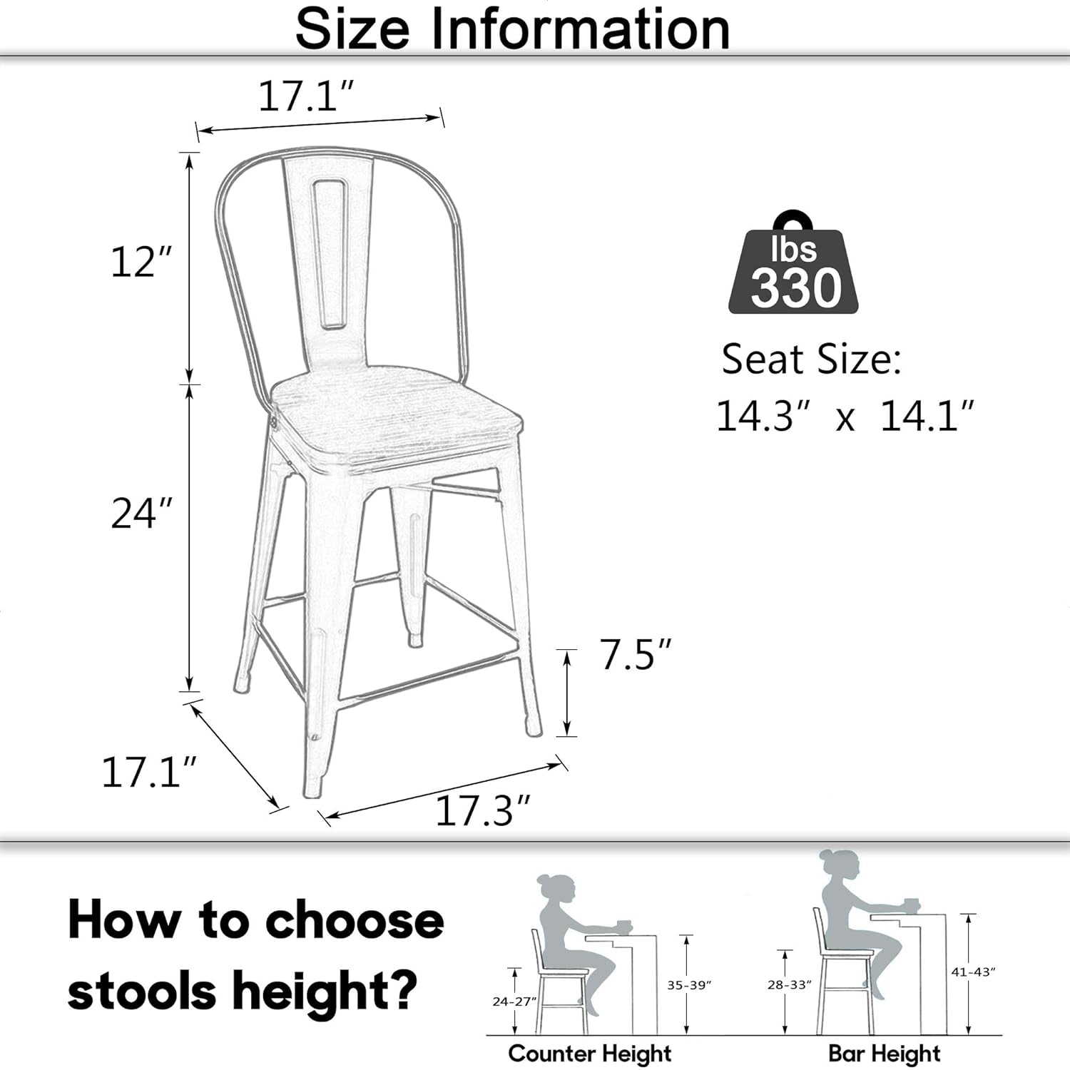 Metal Bar Stools Set of 4,24 Inch Barstools Counter Height Bar Stools with Backs Farmhouse Bar Stools with Larger Seat High Back Kitchen Dining Chairs Modern Bar Chairs Matte Black Stool