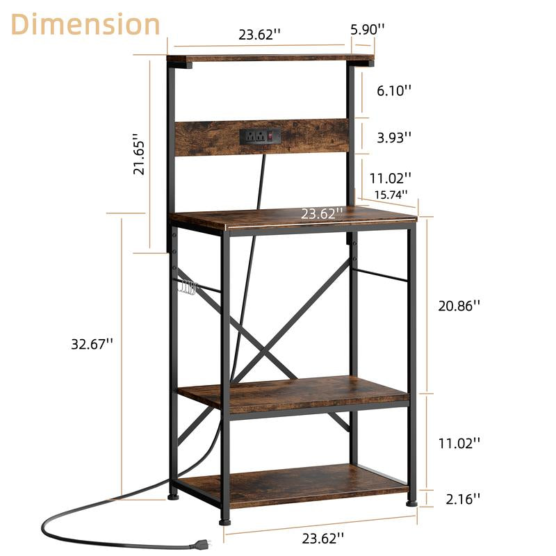 Walsunny 23.6" Standing Bakers Rack with Power Outlet, Kitchen Organizers and Storage with 6 Hooks, Kitchen Shelf, Coffee Station Cabinet, Wooden