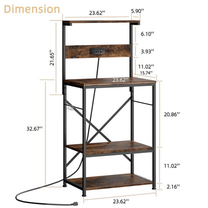 Walsunny 23.6" Standing Bakers Rack with Power Outlet, Kitchen Organizers and Storage with 6 Hooks, Kitchen Shelf, Coffee Station Cabinet, Wooden