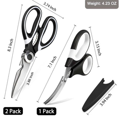 OMDAR Kitchen Scissors - 3 Pack Heavy Duty Stainless Steel Shears for Cutting Meat, Food, Fish, Poultry - Dishwasher Safe - Cover, Board Thick