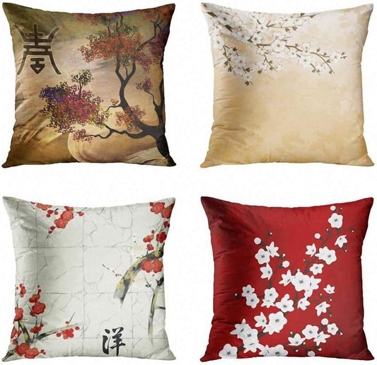 Set of 4 Throw Pillow Covers Japanese Zen Tree Eastern Nature Home Flowers Cherry Blossom Beige Cream Decorative Pillow Cases Home Decor Square 22X22 Inches Pillowcases
