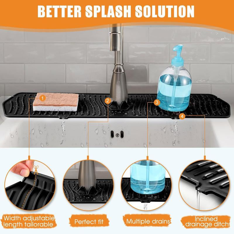 Kitchen Sink Splash Guard, 24Inche Faucet Mat Splash Catcher, Handle Drip Catcher Tray, Multipurpose for Kitchen Dish Drying Mats Sponge Holder and Bathroom Countertop Protect(Black)
