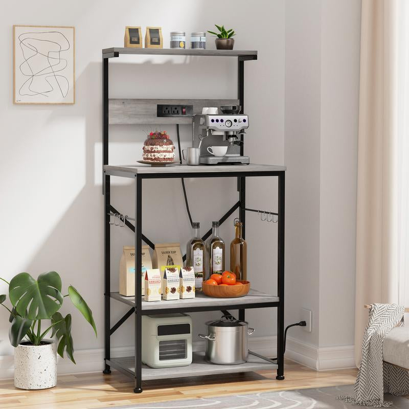 Walsunny 23.6" Standing Bakers Rack with Power Outlet, Kitchen Organizers and Storage with 6 Hooks, Kitchen Shelf, Coffee Station Cabinet, Wooden