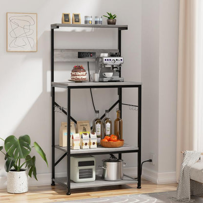 Walsunny 23.6" Standing Bakers Rack with Power Outlet, Kitchen Organizers and Storage with 6 Hooks, Kitchen Shelf, Coffee Station Cabinet, Wooden