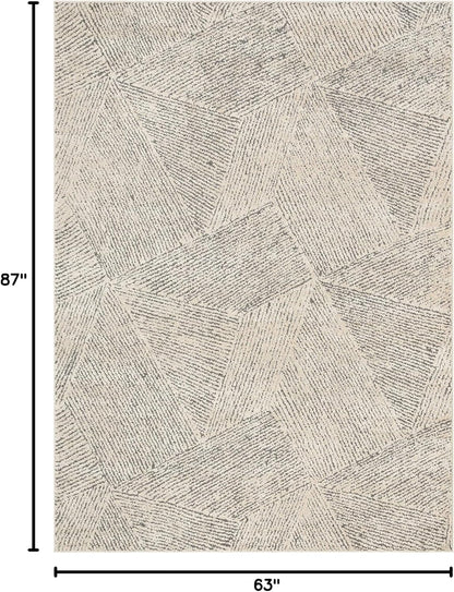 Ezio Beige Tribal Geometric Distressed High-Lo Pile Area Rug 5X7 (5'3" X 7'3")