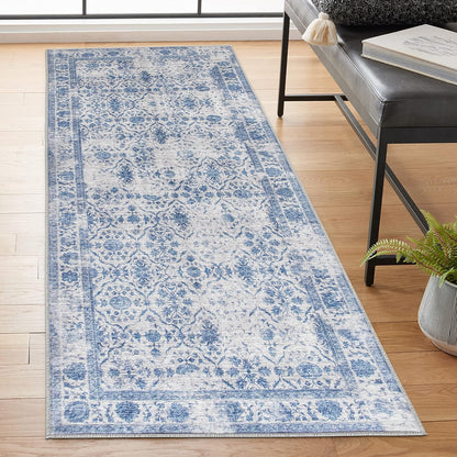 Realife Machine Washable Area Rug Runner - Living Room Bedroom Bathroom Kitchen Entryway Office - Padded Low Pile Stain Resistant Premium - Boho Farmhouse Vintage - Noor - Grey Blue 2'6" X 6'