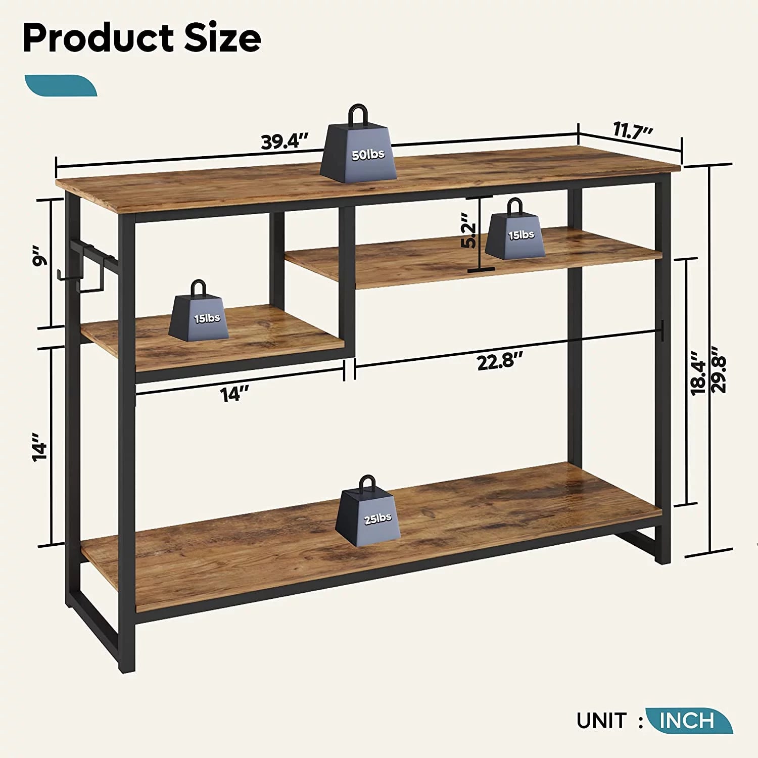 Narrow Console Table with 4 Storage Shelves & 2 Hooks, Buffet Sideboard Side Desk Entryway Table, Rustic