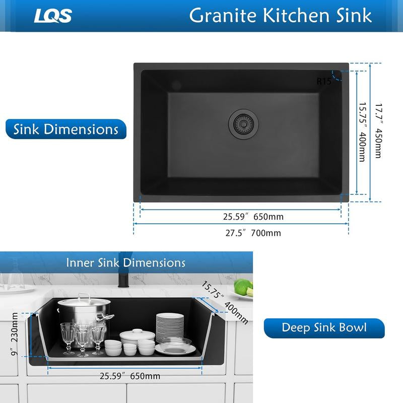 LQS 28''X 18''Single Bowl Undermount Kitchen Sink with Accessories,Black Limestone Sink,Deep Sink for Workstation,Rv,Prep Kitchen and Bar Sink