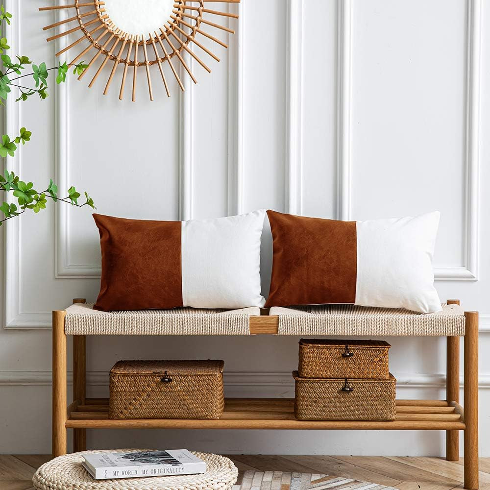 Leather Throw Pillow Covers, Set of 2 Modern Leather/Cotton Decorative Pillowcases for Home Decor Bedroom Living Room Couch Bed Sofa, 12X20 Inch, Cognac-Brown and White