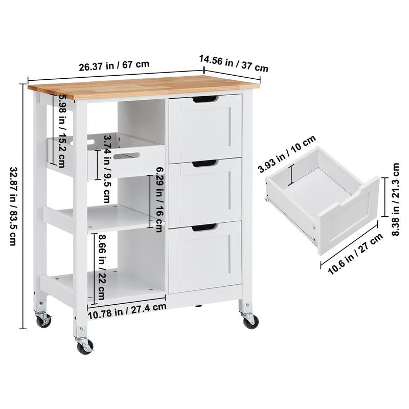 VEVOR Kitchen Island Cart, 26 Inch Wood Top Mobile Breakfast Bar, Rolling Kitchen Table with 3 Drawers and Shelves, Portable Islands on Wheels, for Dining Kitchen Living Room Farmhouse, White