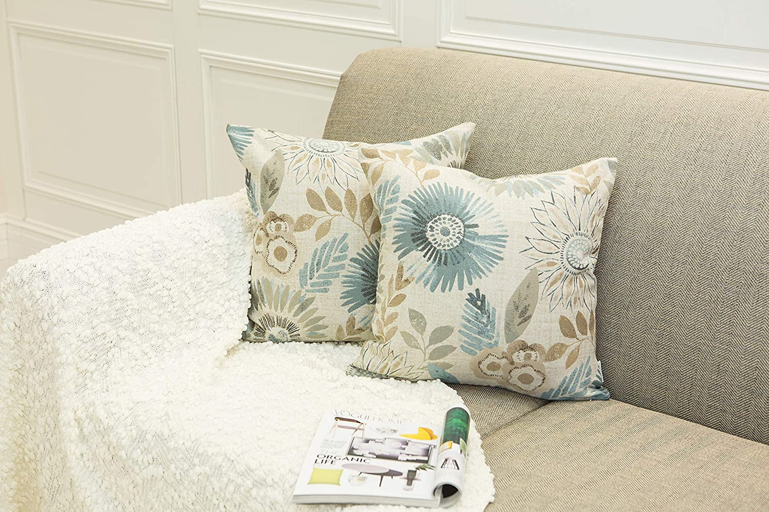 Pack of 2 Decorative Throw Pillows Cases Cushion Cover for Sofa Couch Bed,Sunflower Pattern,20X20 Inches,Blue Cream
