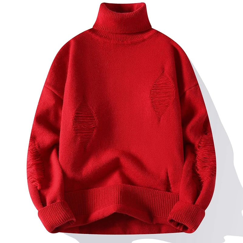Autumn Winter Men'S Hole Turtleneck Pullovers Solid Color Casual Knitted Sweater Men Fashion Loose Streetwear Knit Pullovers Man