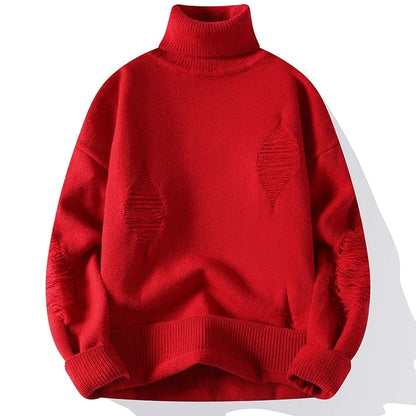 Autumn Winter Men'S Hole Turtleneck Pullovers Solid Color Casual Knitted Sweater Men Fashion Loose Streetwear Knit Pullovers Man