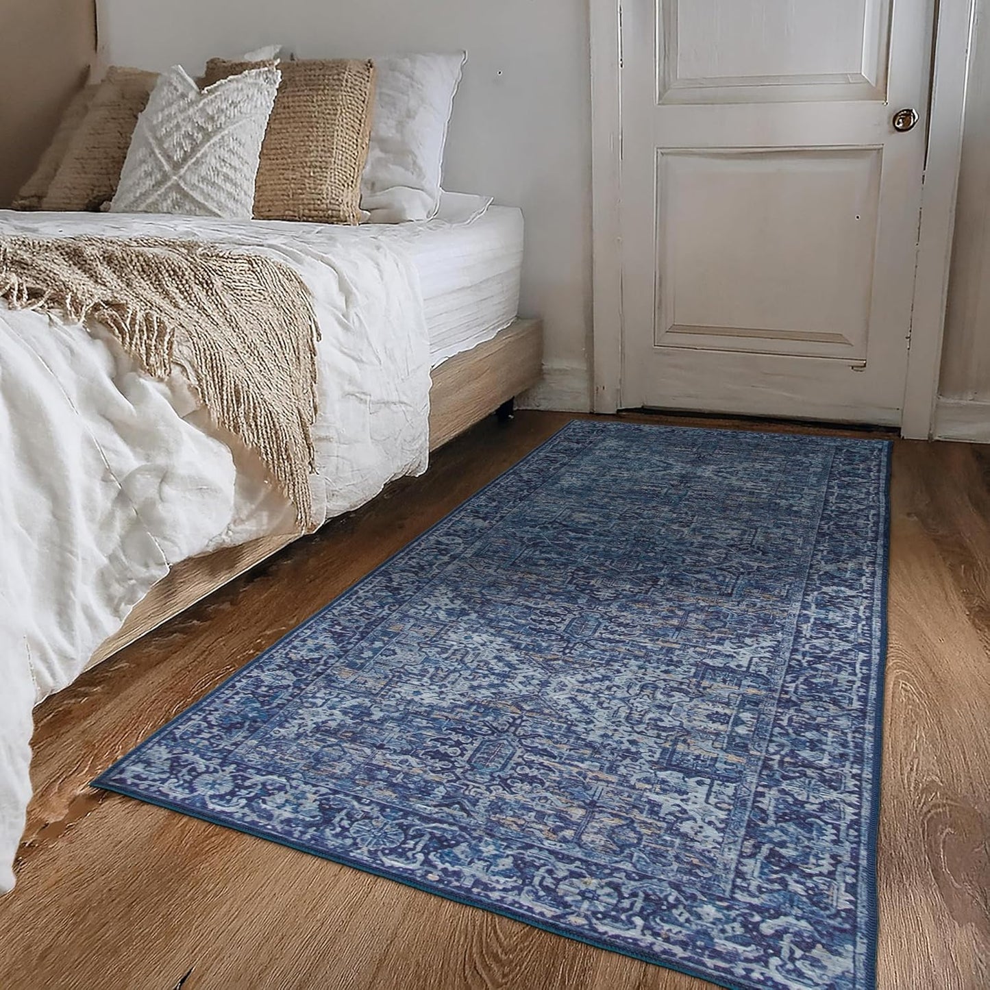 Machine Washable Area Rug - Living Room Bedroom Bathroom Kitchen Entryway Office - Padded Low Pile Stain Resistant Premium - Boho Vintage Traditional - Lyle - Blue 7'6" X 9'6"