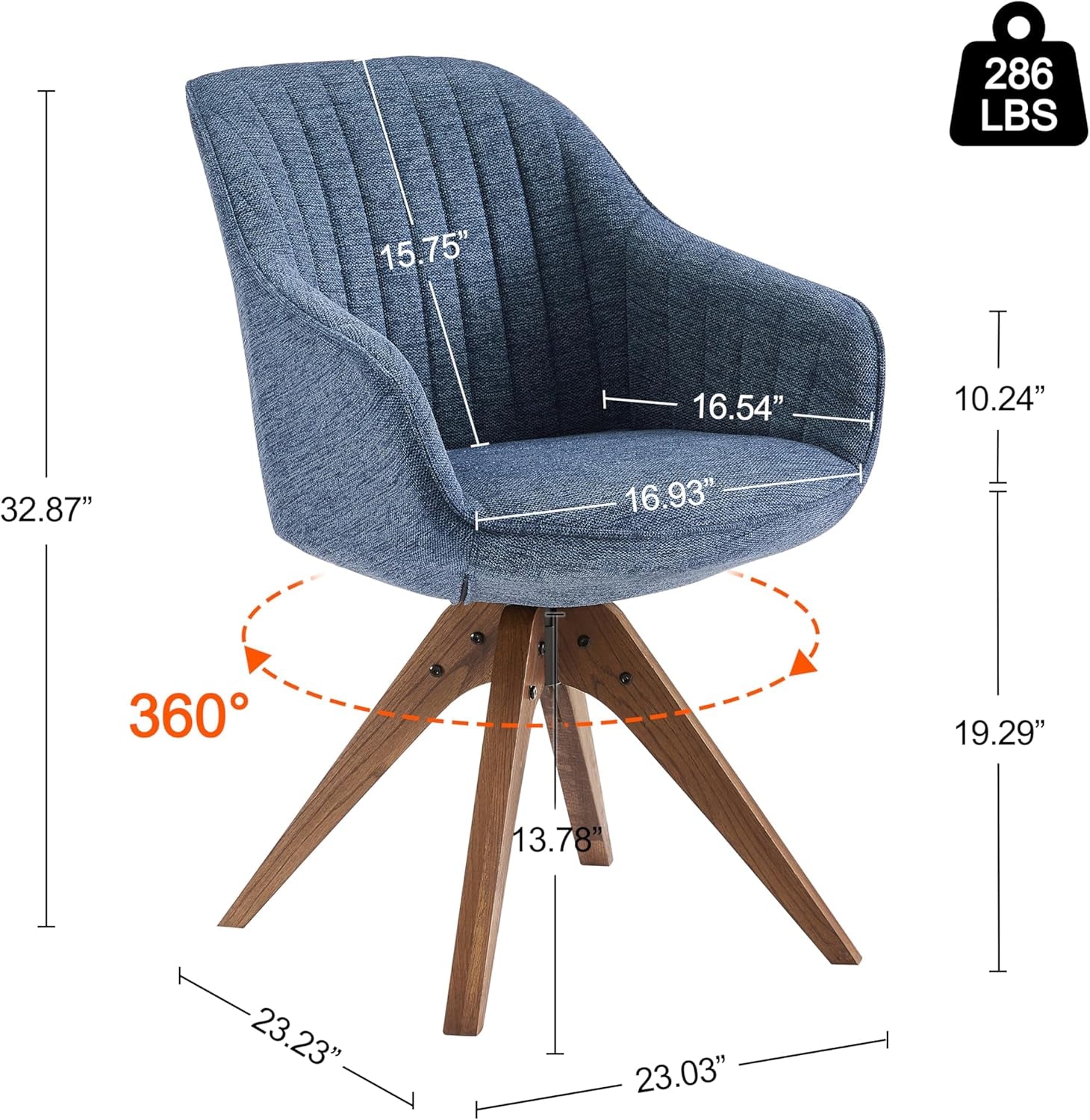 Desk Chair - Mid Century Modern Office Chair No Wheels, Swivel Accent Chair with Oak Wood Legs, Fabric Upholstered Arm Chair, Blue