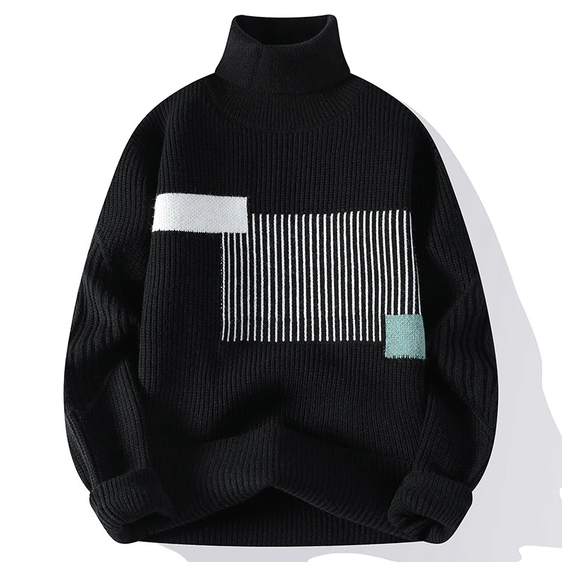 Autumn Winter Fashion Turtleneck Sweater Men Patchwork Knit Pullovers Korean Casual Sweaters Loose Mens Warm Pullover Knitwear
