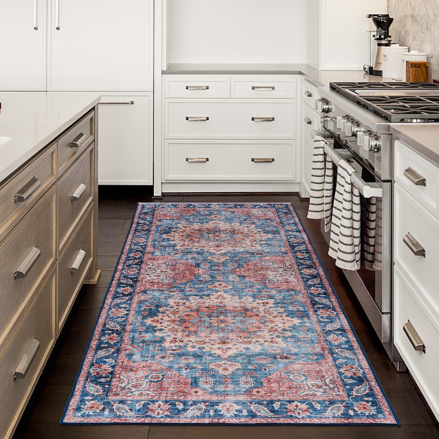 Realife Machine Washable Rug - Stain Resistant, Non-Shed - Eco-Friendly, Non-Slip, Family & Pet Friendly - Made from Premium Recycled Fibers - Distressed Vintage Medallion - Light Blue - 2'6" X 8'