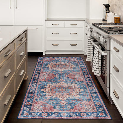 Realife Machine Washable Rug - Stain Resistant, Non-Shed - Eco-Friendly, Non-Slip, Family & Pet Friendly - Made from Premium Recycled Fibers - Distressed Vintage Medallion - Light Blue - 2'6" X 8'