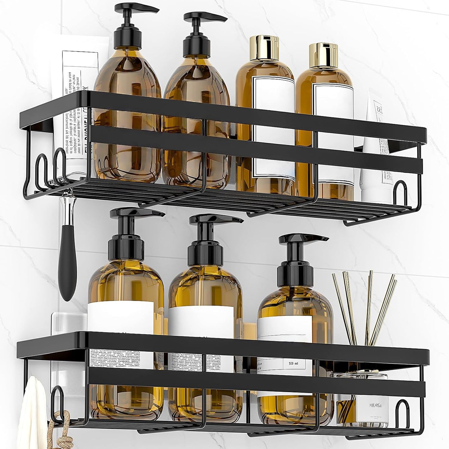 Shower Caddies 2 Pack - Adhesive Hanging Shower Shelf - Bathroom Organizers and Storage, No Drilling Stainless Shower Shelves for Home Decor, Bathroom Accessories