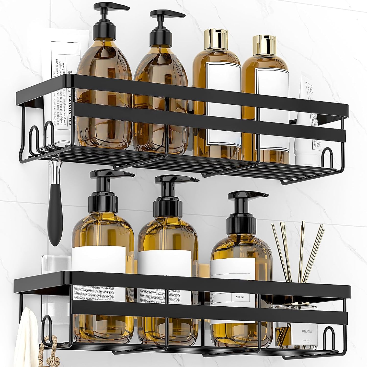 Shower Caddies 2 Pack - Adhesive Hanging Shower Shelf - Bathroom Organizers and Storage, No Drilling Stainless Shower Shelves for Home Decor, Bathroom Accessories