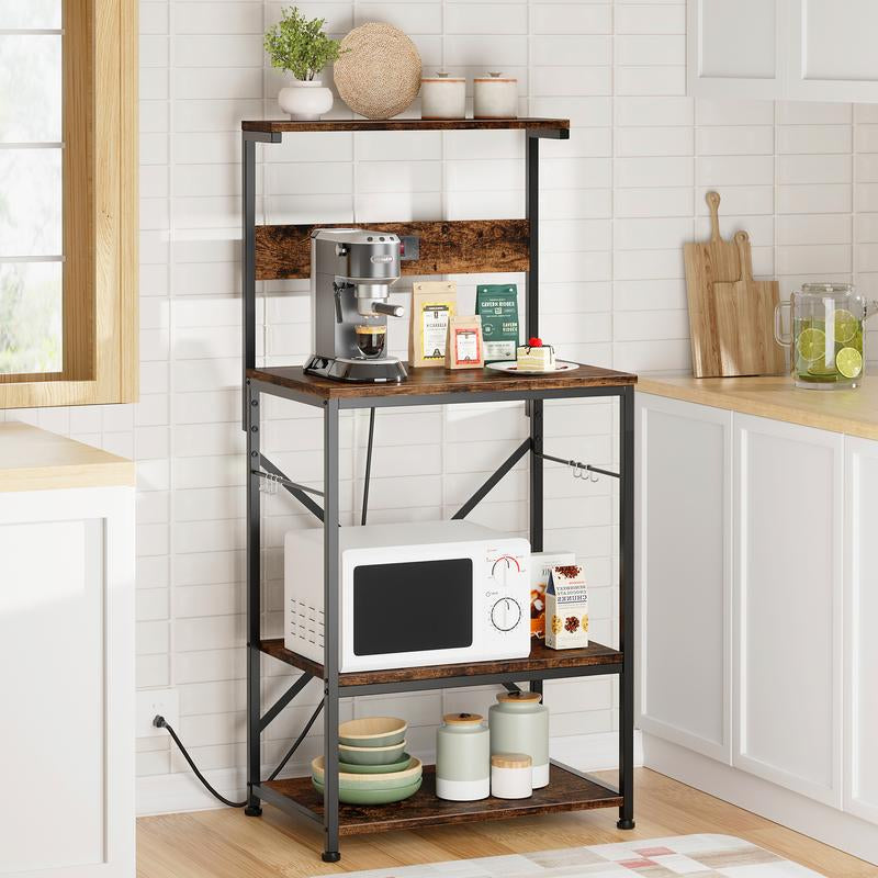 Walsunny 23.6" Standing Bakers Rack with Power Outlet, Kitchen Organizers and Storage with 6 Hooks, Kitchen Shelf, Coffee Station Cabinet, Wooden