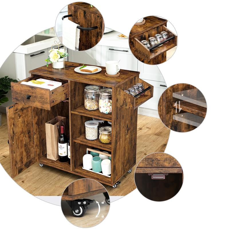 HOOBRO Kitchen Island on Wheels, Storage Cabinet with Drawer, Kitchen Cart with Spice and Towel Rack, Saving Space, Easy Assembly, for Living Room, Rustic Brown#Springtok