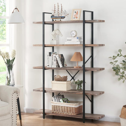 Bookshelf, 5 Tier Industrial Bookcase, 70" Tall Bookshelves and Book Case with 5 Shelf, Rustic Storage Rack with Display Shelves for Bedroom Living Room Office, Retro Brown