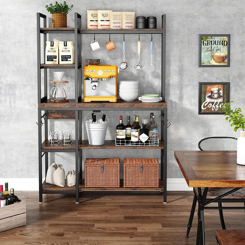 Tribesigns 63 Inch Tall Kitchen Racks, 5-Tier Bakers Rack with Storage and 10 Hooks for Kitchen Metal Organiser, Industrial Wood Shelf Room Wooden