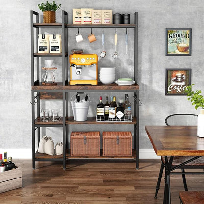Tribesigns 63 Inch Tall Kitchen Racks, 5-Tier Bakers Rack with Storage and 10 Hooks for Kitchen Metal Organiser, Industrial Wood Shelf Room Wooden