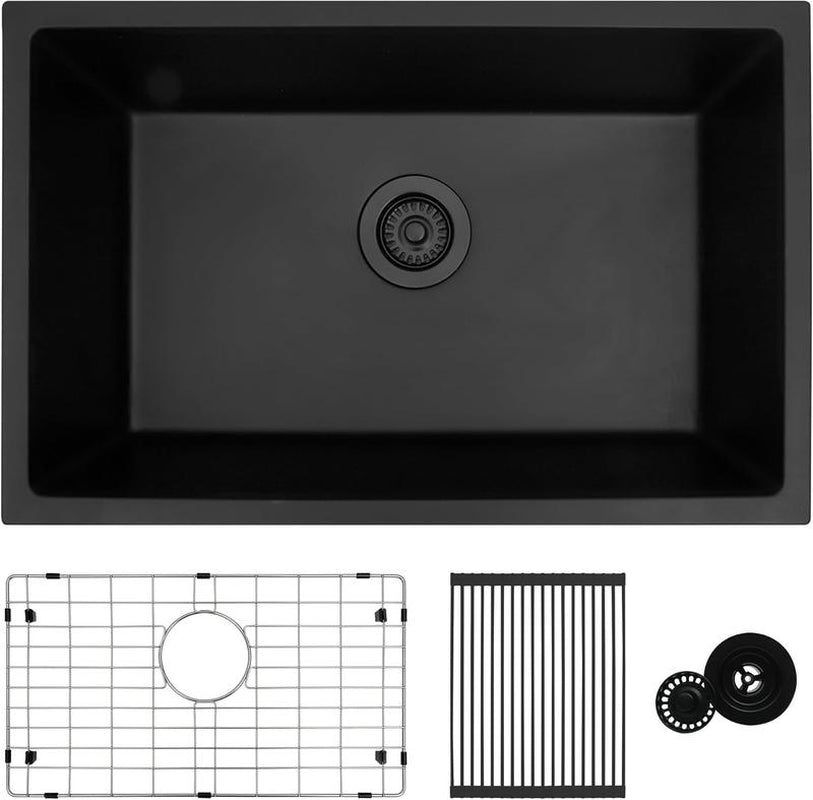 LQS 28''X 18''Single Bowl Undermount Kitchen Sink with Accessories,Black Limestone Sink,Deep Sink for Workstation,Rv,Prep Kitchen and Bar Sink