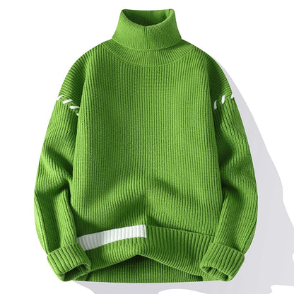 New Fashion Youthful Vitality Mens Turtleneck Sweater Autumn Winter Loose Casual Knitted Pullovers Men Warm Patchwork Knitwear