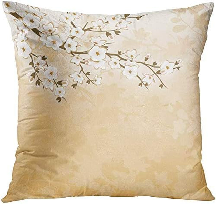 Set of 4 Throw Pillow Covers Japanese Zen Tree Eastern Nature Home Flowers Cherry Blossom Beige Cream Decorative Pillow Cases Home Decor Square 22X22 Inches Pillowcases