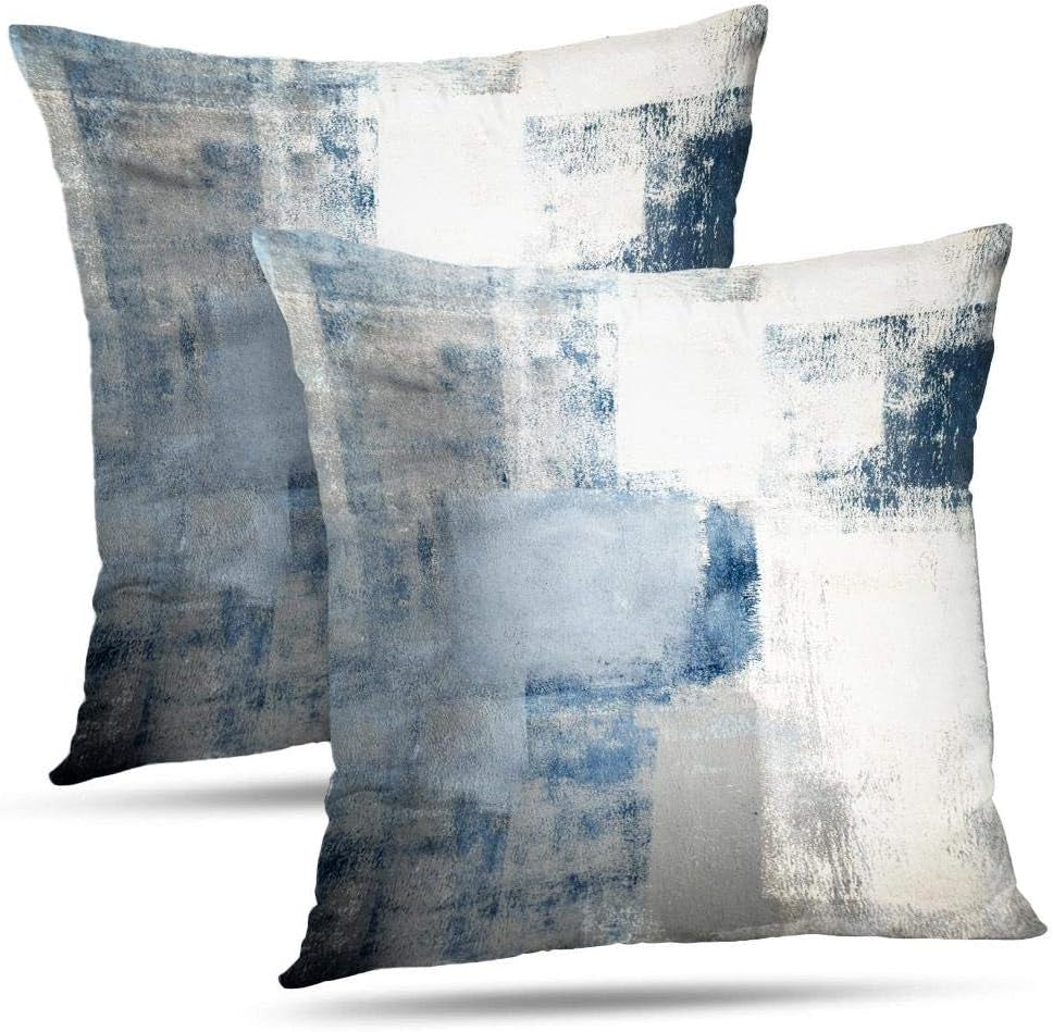 Set of 2 Grey Throw Pillow Covers Blue and Grey Art Decorative Cushion Cover for Home Bedroom Sofa Living Room 16X16 Inches