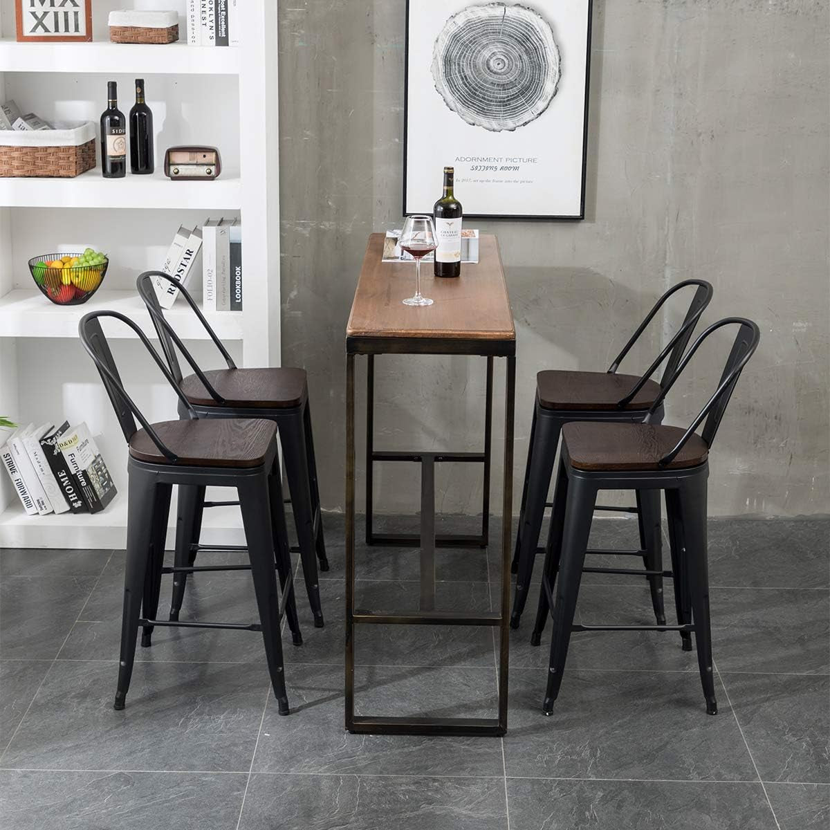 Metal Bar Stools Set of 4,24 Inch Barstools Counter Height Bar Stools with Backs Farmhouse Bar Stools with Larger Seat High Back Kitchen Dining Chairs Modern Bar Chairs Matte Black Stool