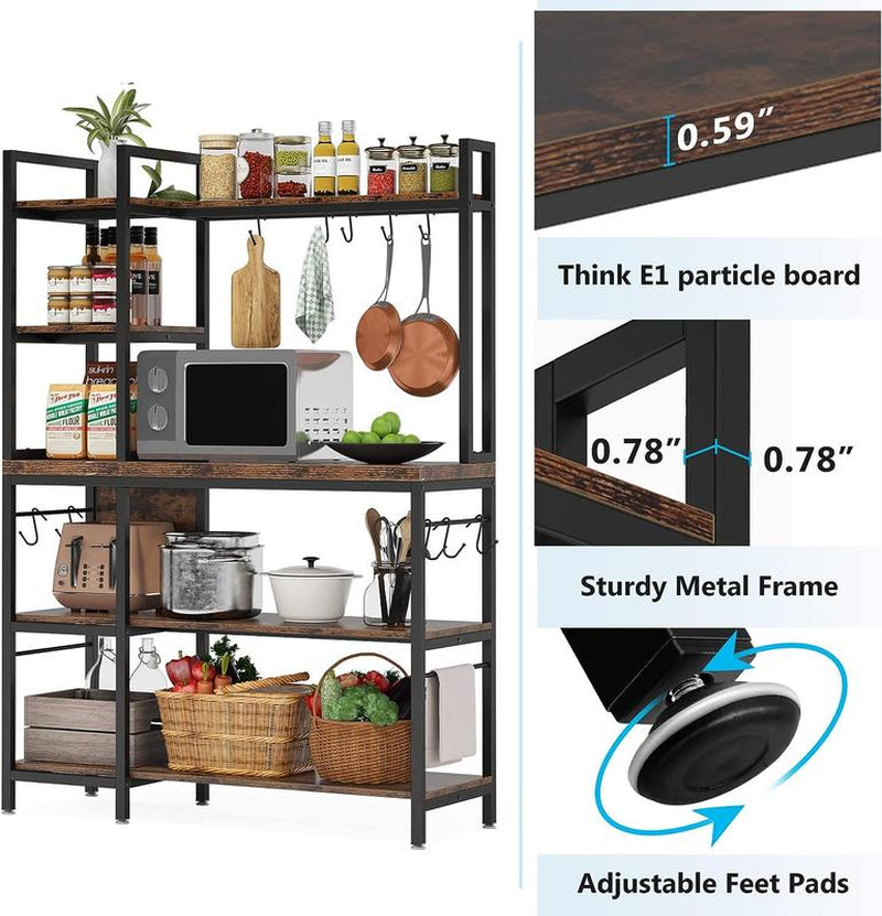 Tribesigns 63 Inch Tall Kitchen Racks, 5-Tier Bakers Rack with Storage and 10 Hooks for Kitchen Metal Organiser, Industrial Wood Shelf Room Wooden