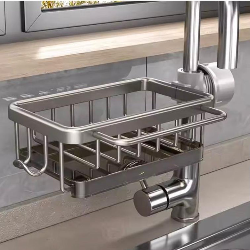 Ronnos Kitchen Accessories Sink Caddy, Multifunctional Sink Faucet Adjustable Attachable Storage Rack Kitchen Organizer, Dish Sponge Holder Attachable to Sink Faucet 0.7-1.1 Inch Pipe for Bathroom and Kitchen, Metal Accessory with Detachable Water Tray