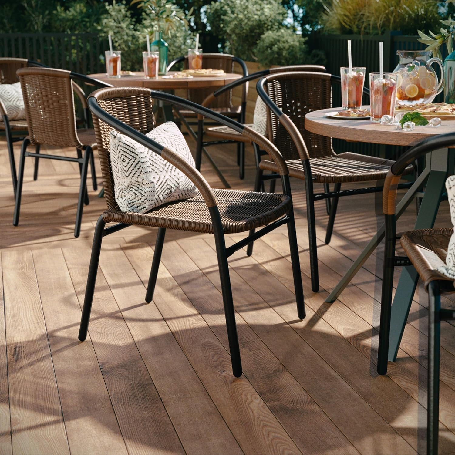 Set of 2 Modern Rattan Indoor/Outdoor Stack Chairs, Stacking Rattan Patio Chairs with Curved Back and Cross Bracing, Brown