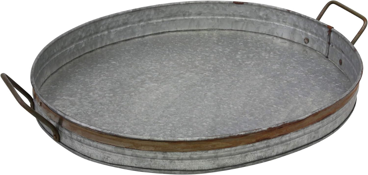 Oval Galvanized Metal Serving Tray with Rust Trim and Metal Handles, Decorative Centerpiece for Coffee Table or Dining Table, Large