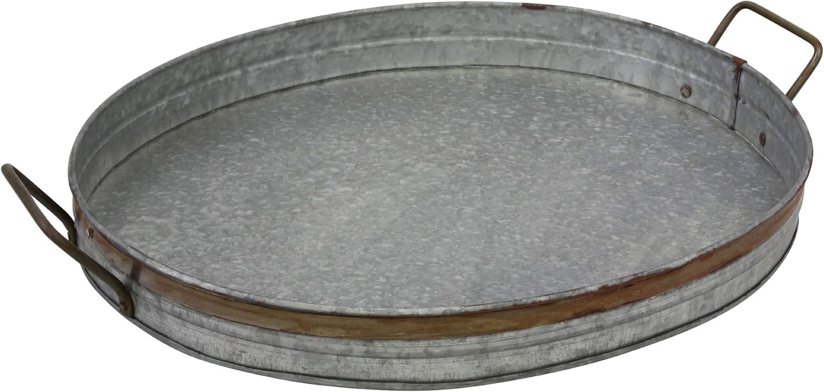 Oval Galvanized Metal Serving Tray with Rust Trim and Metal Handles, Decorative Centerpiece for Coffee Table or Dining Table, Large