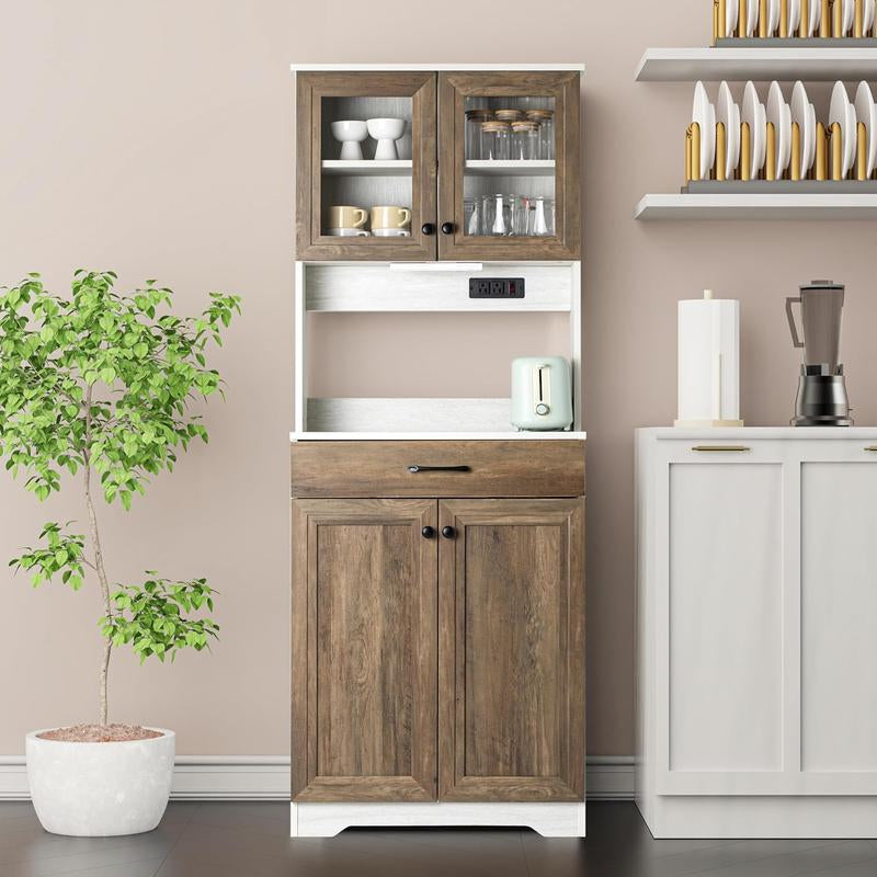 Sideboard Buffet Storage Cabinet with LED & Power Outlet, Kitchen Pantry Organization with Drawer Shelves, Microwave Wood Stand Hutch for Dining Room
